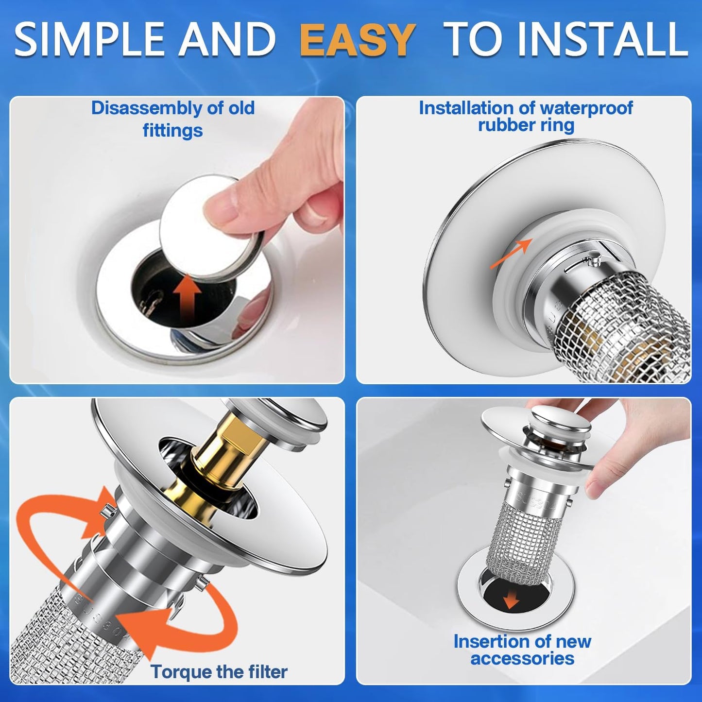 Sink Stopper Hair Catcher,(2Pcs) Pop-Up Sink Drain Strainer with Removable Stainless Steel Strainer Basket Hair Catcher, Bathroom Sink Strainer for Bathroom Sink Stopper Replacement