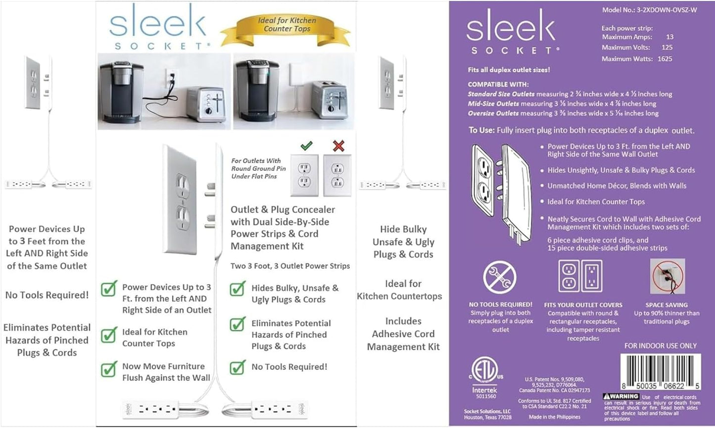 Original & Patented Ultra-Thin Outlet Concealer with Cord Concealer Kit, Flat Extension Cord with Multi Outlets Power Strip, Ideal for Home Improvement, Hide Bulky and Messy Cords