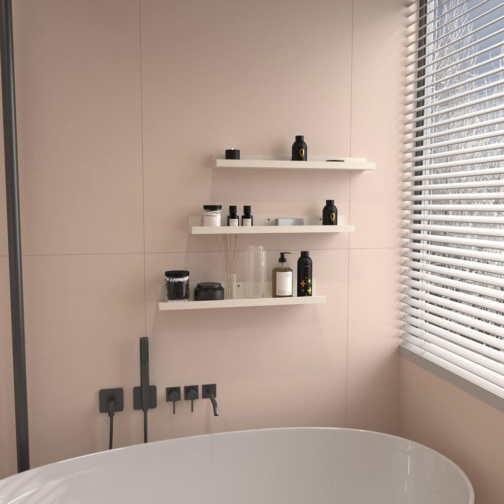 24 Inch Floating Shelves Wall Mounted Set of 3, Rustic Wooden Picture Ledge Shelf for Living Room Bathroom Bedroom Kitchen Office, Creamy White