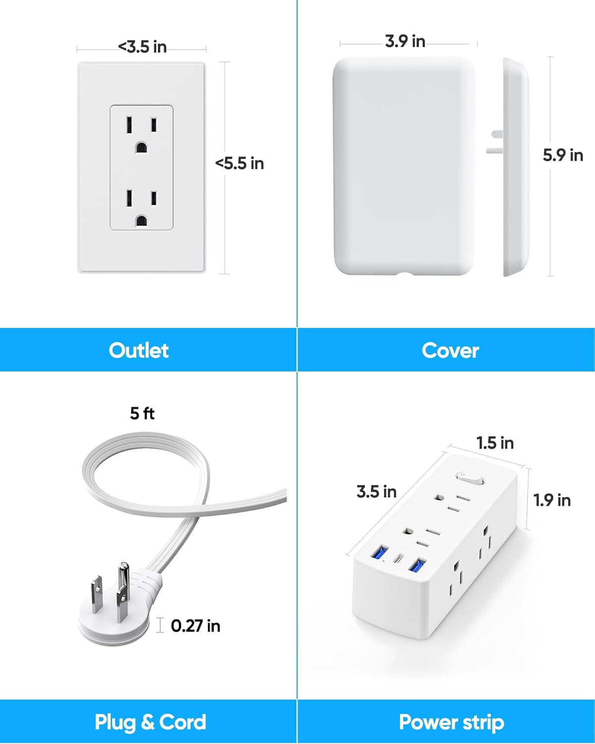 Flat Extension Cord with Outlet Cover, Flat Plug Power Strip with 6 Outlets and 3 USB Ports, 2000 Joules Surge Protector, 5 FT Cord Hidden Outlet Extender for Tight Spaces, White