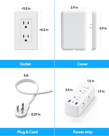 Flat Extension Cord with Outlet Cover, Flat Plug Power Strip with 6 Outlets and 3 USB Ports, 2000 Joules Surge Protector, 5 FT Cord Hidden Outlet Extender for Tight Spaces, White