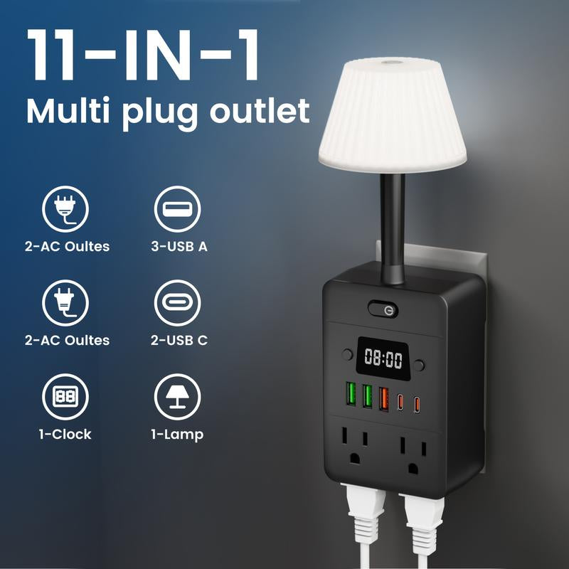 11-In-1 Multifunctional Power Strip with Desk Lamp & Digital Clock, Travel-Friendly Wall Outlet Extender with 4 AC Outlets, 3 USB & 2 USB-C Ports, One-Touch Switch, Overload Protection – Bedside Power Socket for Home, Dorm, Office