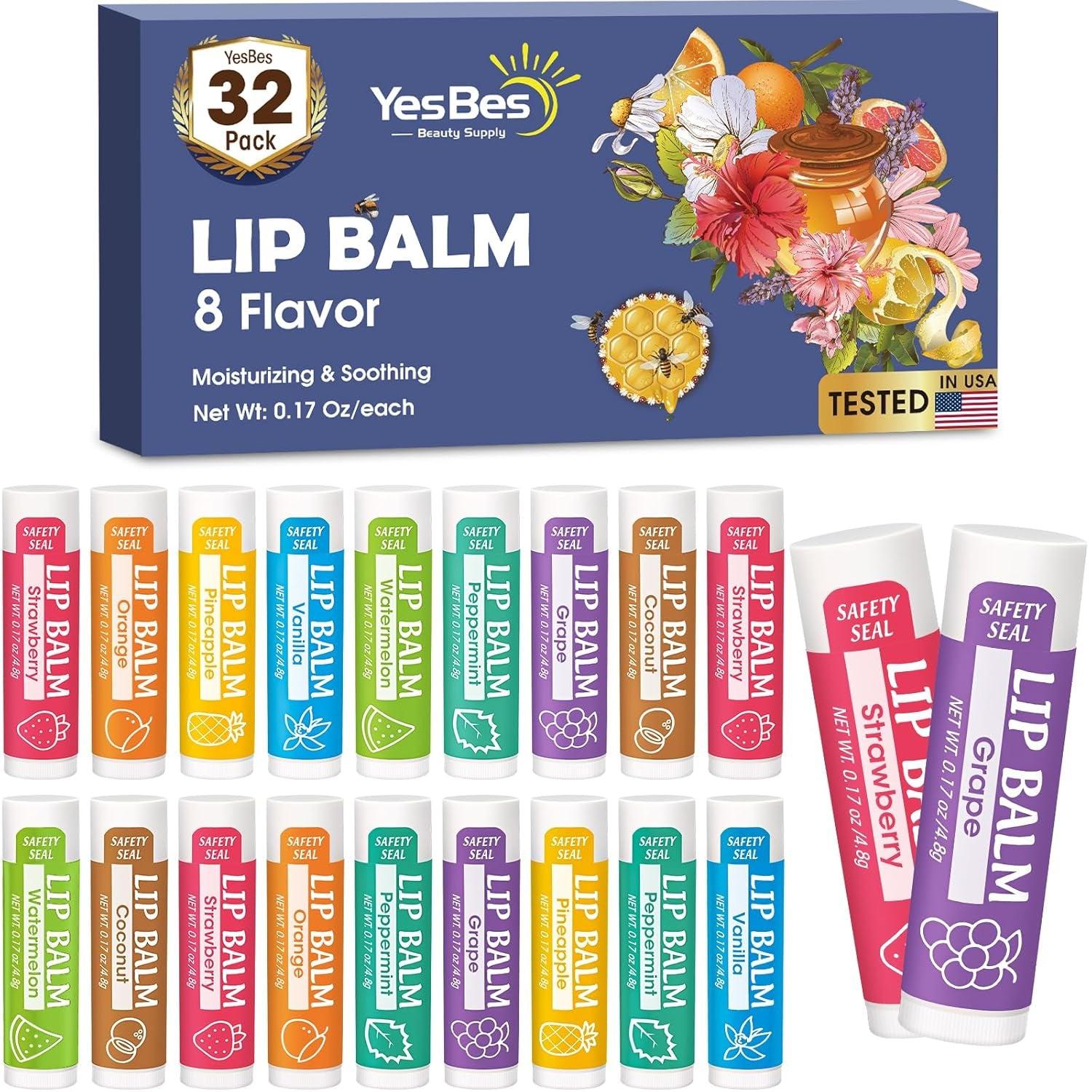 32 Pack Lip Balm, Natural Lip Balm Bulk with Vitamin E and Coconut Oil, Moisturizing Lip Balms for Dry Cracked Lips, Lip Balms for Valentines Gifts Stocking Stuffers - 8 Flavors