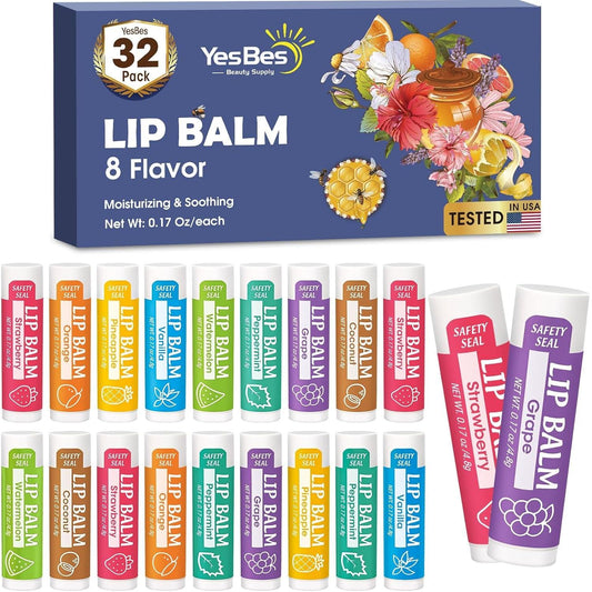 32 Pack Lip Balm, Natural Lip Balm Bulk with Vitamin E and Coconut Oil, Moisturizing Lip Balms for Dry Cracked Lips, Lip Balms for Valentines Gifts Stocking Stuffers - 8 Flavors