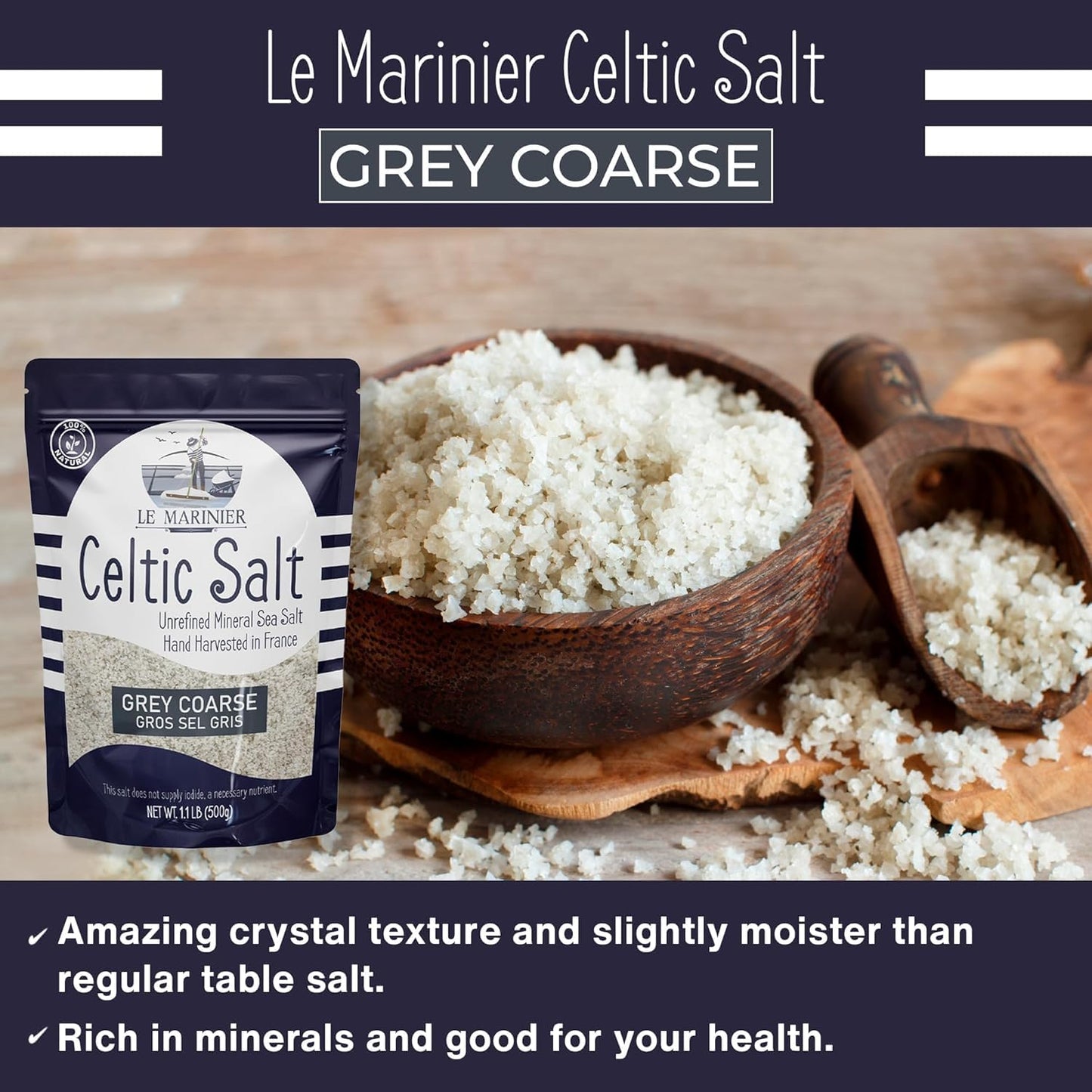 Celtic Salt Organic Grey Coarse, 1.1Lb - 18Oz Pack of 2. Mineral Rich Unrefined French Sea Salt 100% Natural, Hand Harvested (1.1Lb Grey Coarse - Pack of 2)