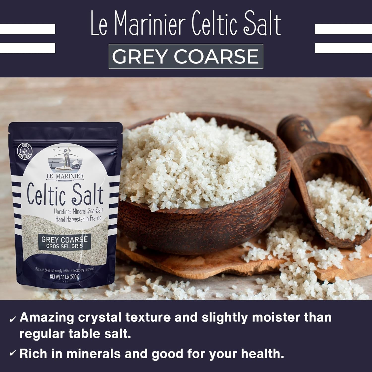 Celtic Salt Organic Grey Coarse, 1.1Lb - 18Oz Pack of 2. Mineral Rich Unrefined French Sea Salt 100% Natural, Hand Harvested (1.1Lb Grey Coarse - Pack of 2)