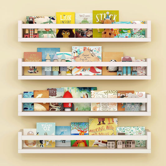 Set of 4 Wall-Mounted Kid'S Bookshelf - White Floating Nursery Book Shelves - Durable Wood Construction - Ideal for Nursery Decor, Kids Room, Toy Storage