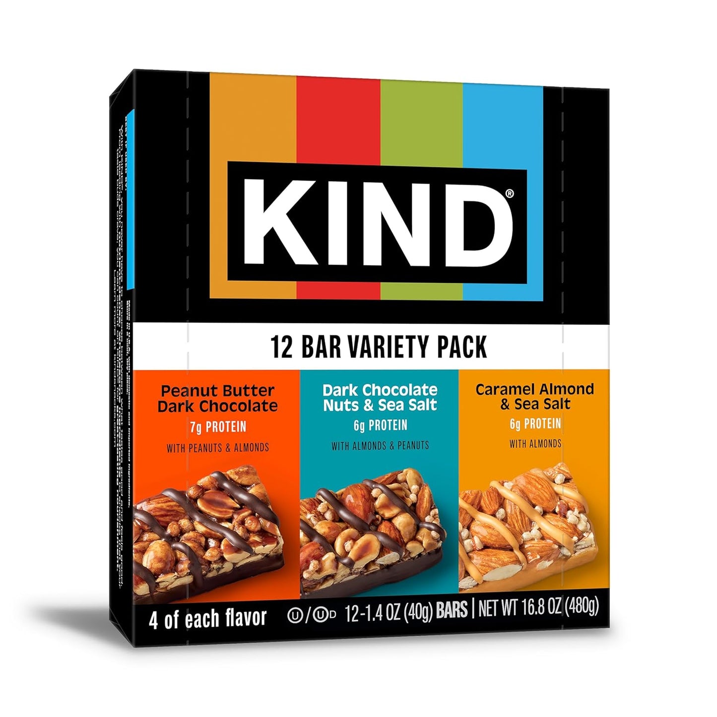 Nut Bars, Variety Pack, Dark Chocolate Nuts & Sea Salt, Peanut Butter Dark Chocolate, and Caramel Almond Sea Salt, Gluten Free, Low Sugar, 5-7G Protein, 12 Count
