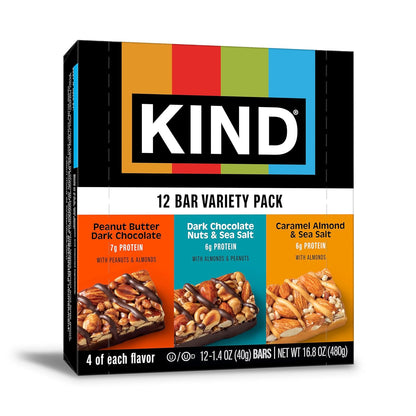 Nut Bars, Variety Pack, Dark Chocolate Nuts & Sea Salt, Peanut Butter Dark Chocolate, and Caramel Almond Sea Salt, Gluten Free, Low Sugar, 5-7G Protein, 12 Count