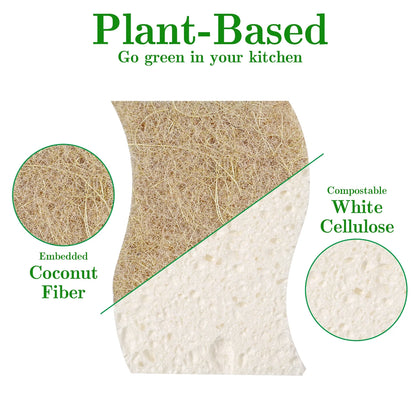 12 Pack Natural Kitchen Sponge, Biodegradable Compostable Cellulose and Coconut Scrubber Sponge, Eco-Friendly Scrub Sponges for Dishes, Bathtubs(Brown-White)