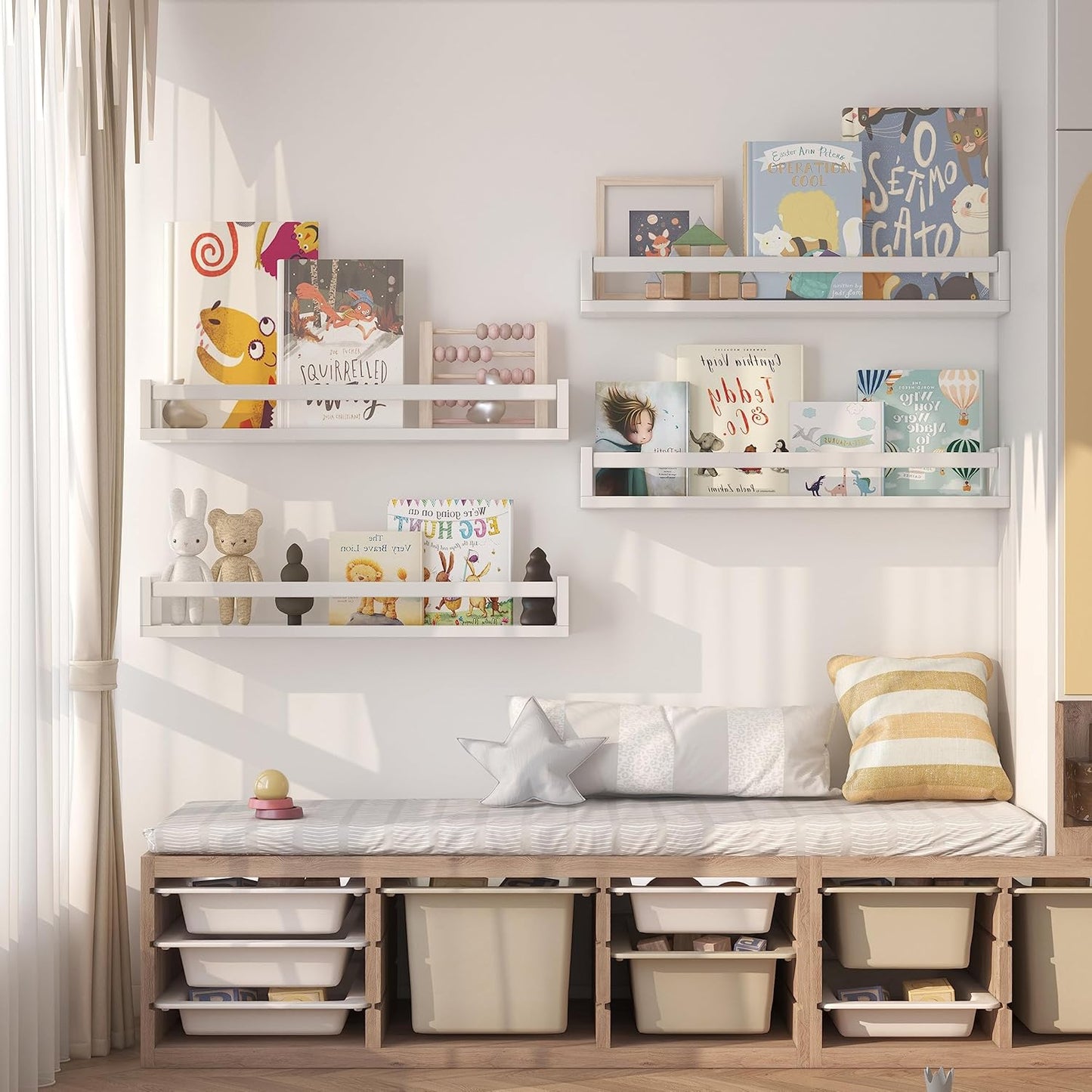 Set of 4 Wall-Mounted Kid'S Bookshelf - White Floating Nursery Book Shelves - Durable Wood Construction - Ideal for Nursery Decor, Kids Room, Toy Storage