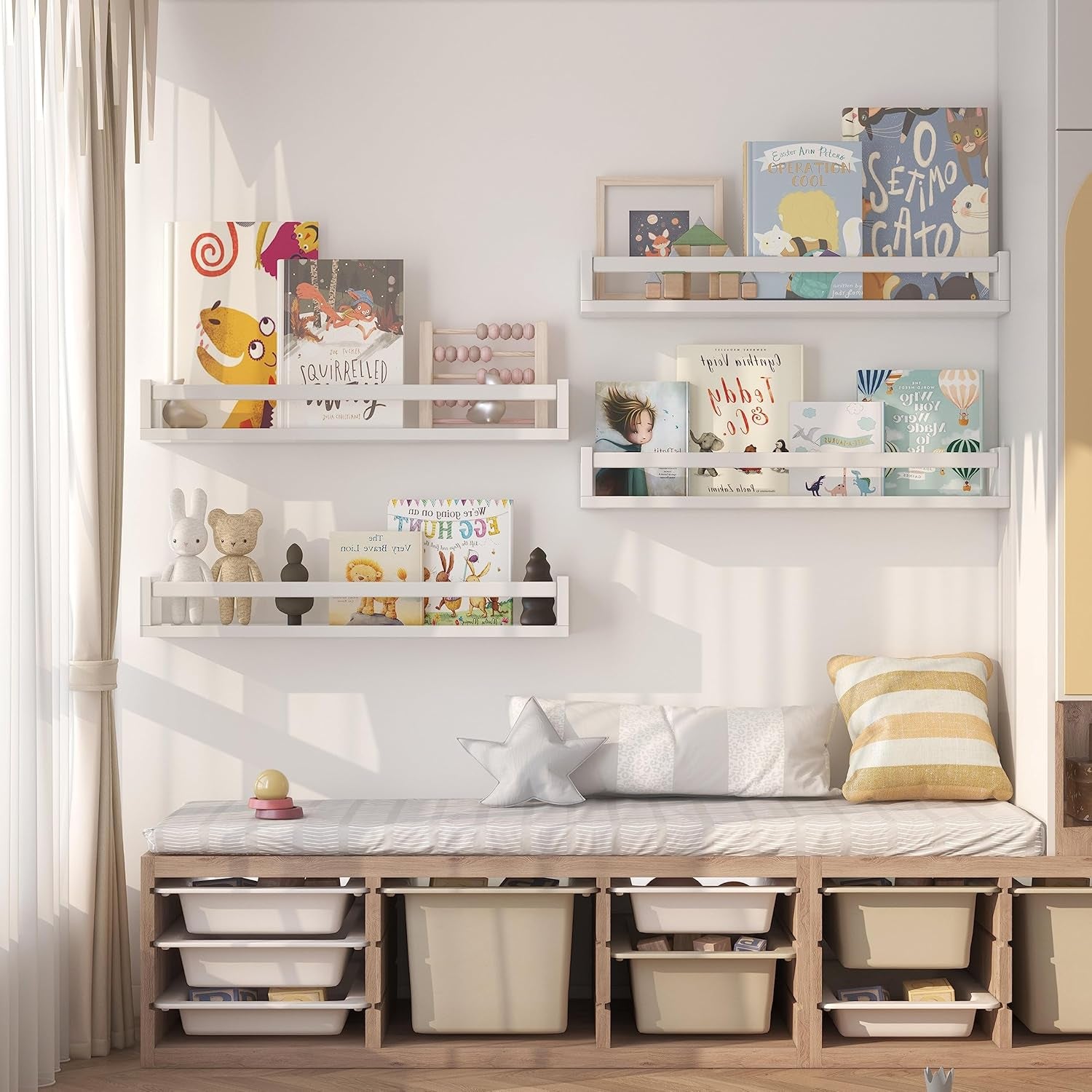 Set of 4 Wall-Mounted Kid'S Bookshelf - White Floating Nursery Book Shelves - Durable Wood Construction - Ideal for Nursery Decor, Kids Room, Toy Storage