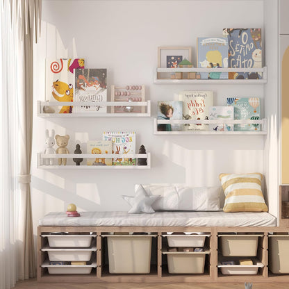 Set of 4 Wall-Mounted Kid'S Bookshelf - White Floating Nursery Book Shelves - Durable Wood Construction - Ideal for Nursery Decor, Kids Room, Toy Storage