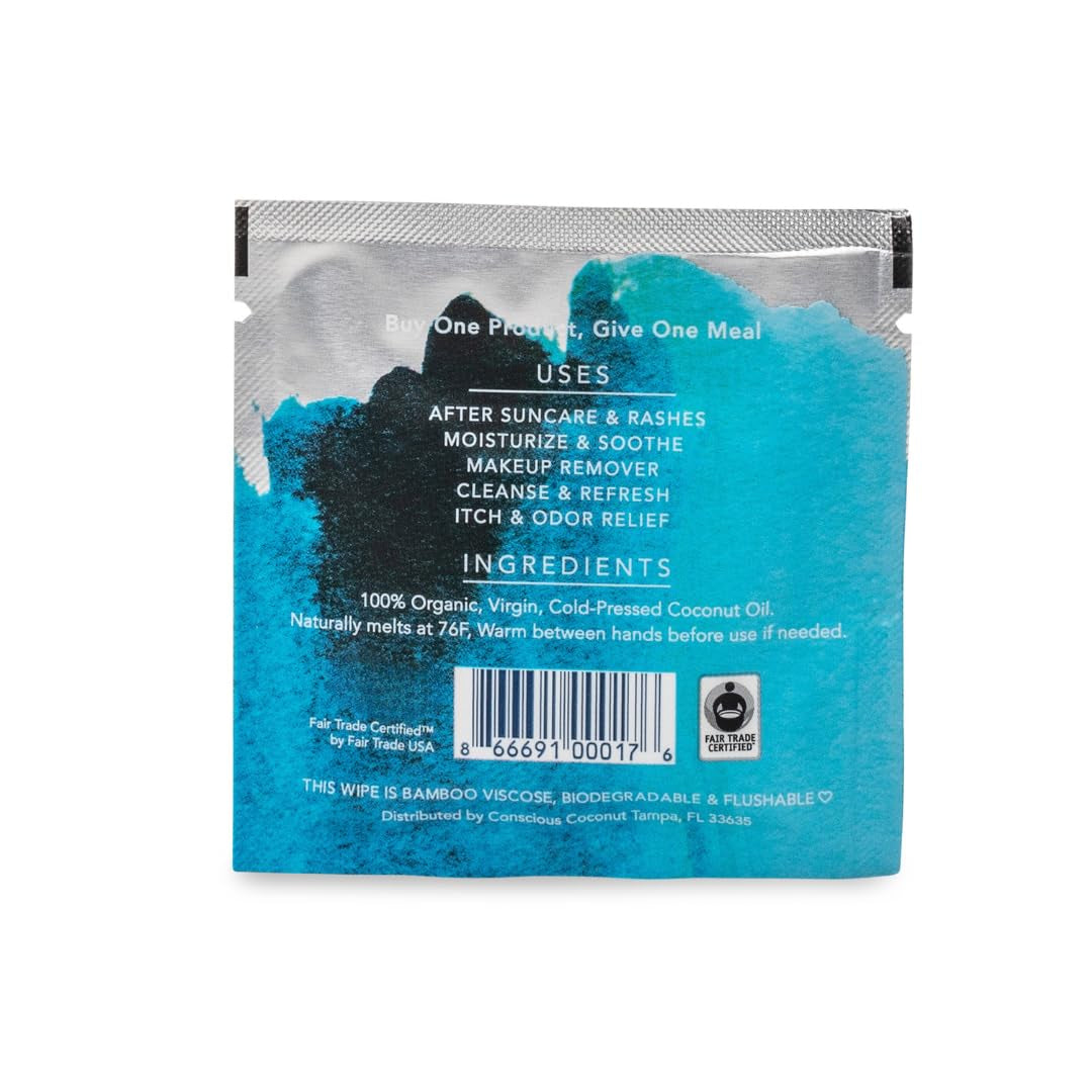 Individual Coconut Oil Wipes - for Face and Body - Soothing, Moisturizing, Sunburns, Makeup Remover, Cold-Pressed, Virgin Coconut Oil (25 Count)