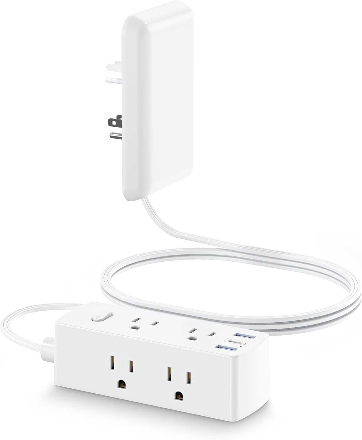 Flat Extension Cord with Outlet Cover, Flat Plug Power Strip with 6 Outlets and 3 USB Ports, 2000 Joules Surge Protector, 5 FT Cord Hidden Outlet Extender for Tight Spaces, White