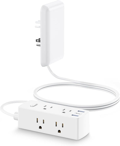 Flat Extension Cord with Outlet Cover, Flat Plug Power Strip with 6 Outlets and 3 USB Ports, 2000 Joules Surge Protector, 5 FT Cord Hidden Outlet Extender for Tight Spaces, White