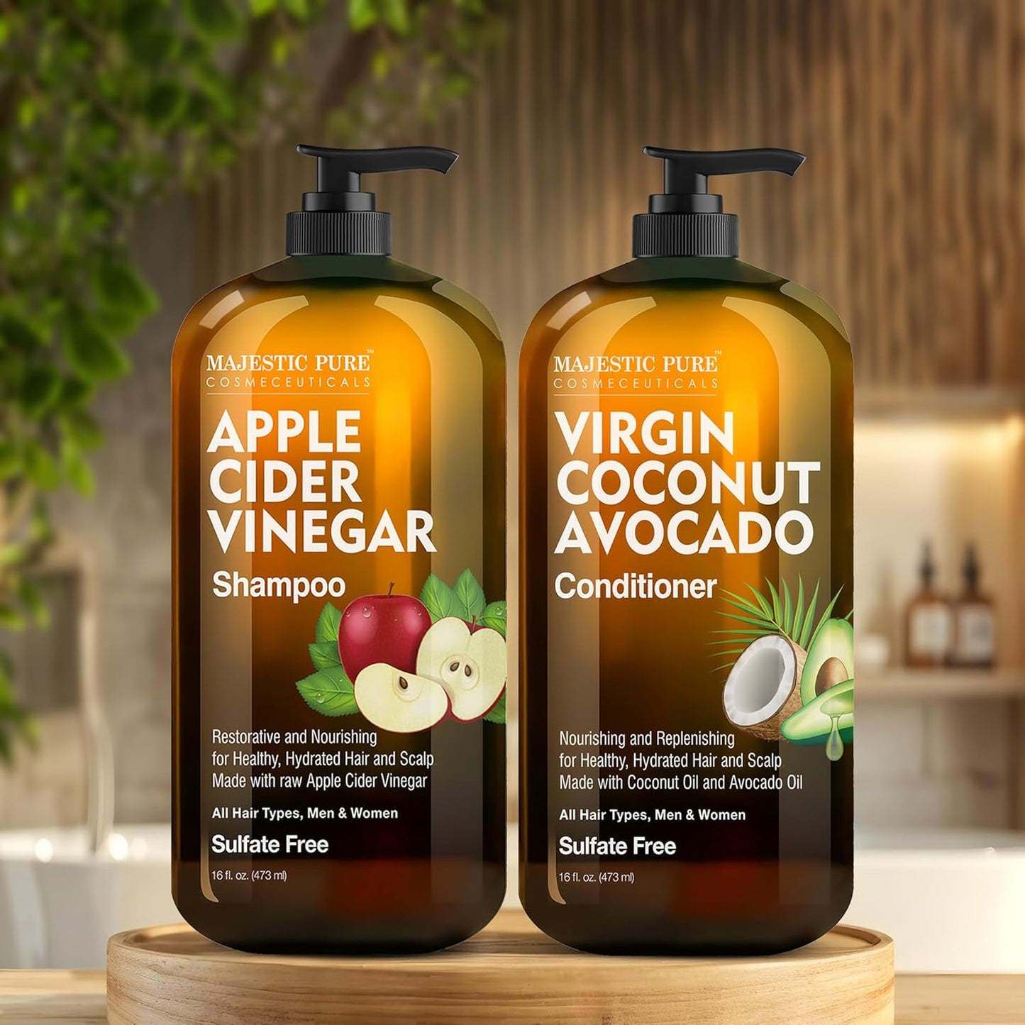 Apple Cider Vinegar Shampoo and Avocado Coconut Conditioner Set - Restores Shine & Reduces Itchy Scalp, Dandruff & Frizz - Sulfate Free, for All Hair Types, Men and Women - 2 X 16 Fl Oz