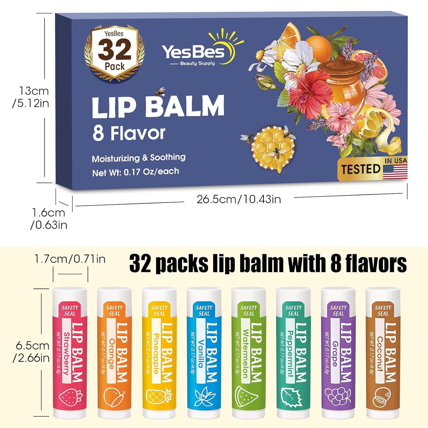 32 Pack Lip Balm, Natural Lip Balm Bulk with Vitamin E and Coconut Oil, Moisturizing Lip Balms for Dry Cracked Lips, Lip Balms for Valentines Gifts Stocking Stuffers - 8 Flavors