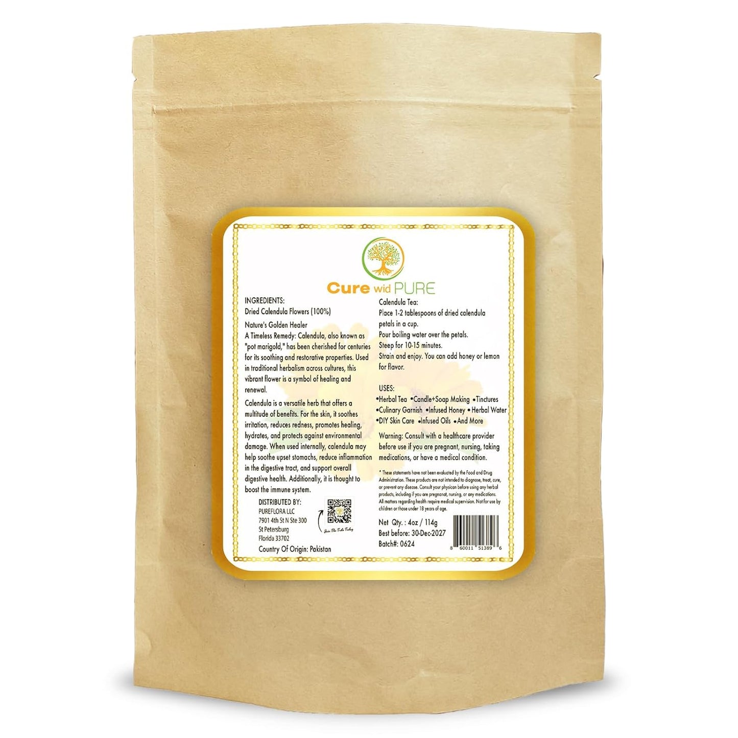 Certified Organic Dried Calendula Flowers | 4 Oz Resealable Pack Whole Organic Calendula Flowers for Skincare,Diy Remedies & Herbal Tea | Vibrant Color & Aromatic Dried Marigold Flower