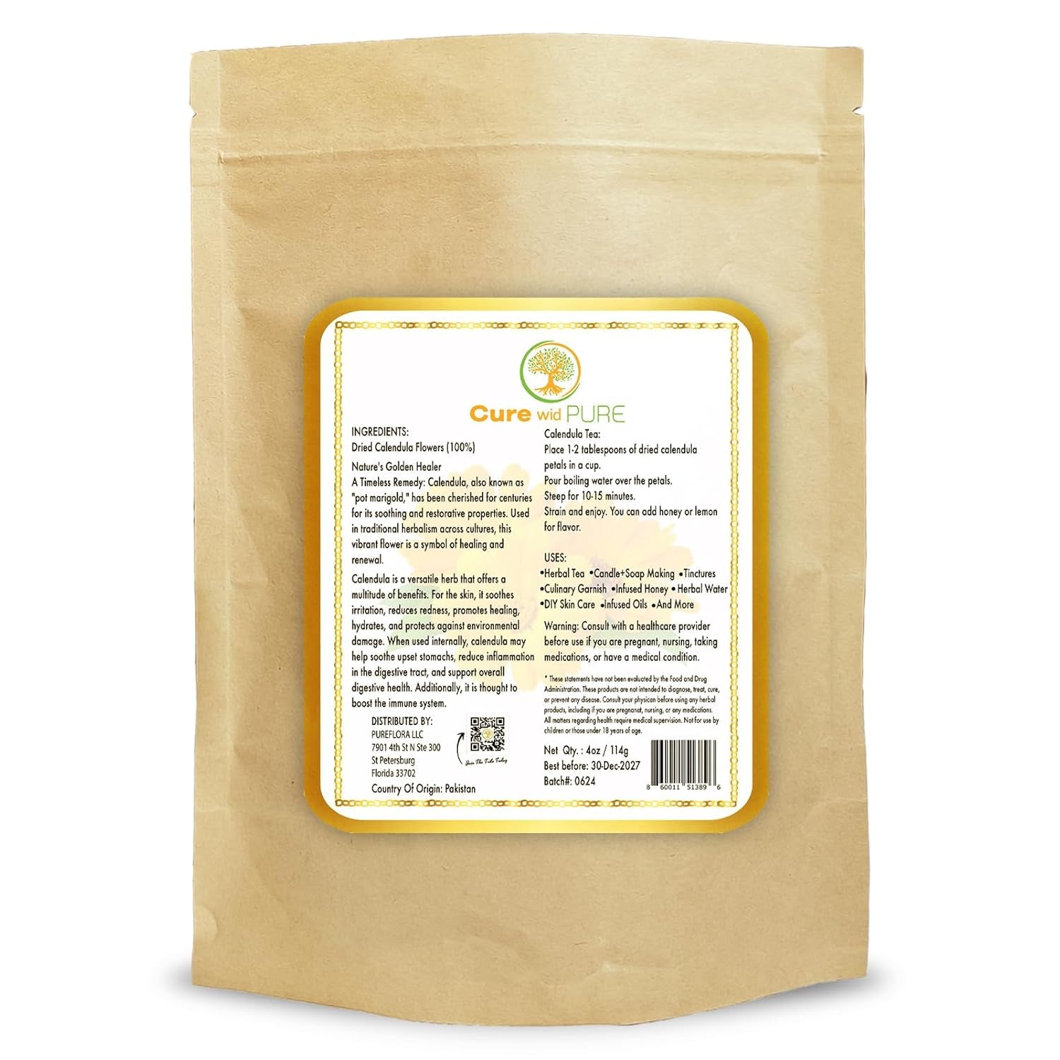 Certified Organic Dried Calendula Flowers | 4 Oz Resealable Pack Whole Organic Calendula Flowers for Skincare,Diy Remedies & Herbal Tea | Vibrant Color & Aromatic Dried Marigold Flower