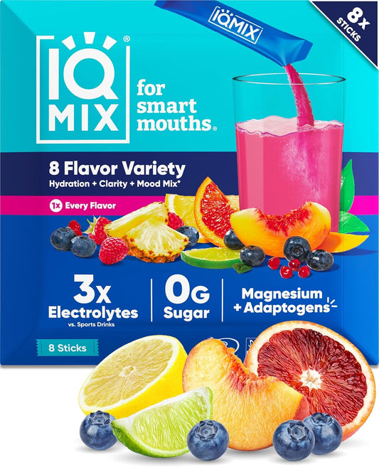 IQMIX Hydration Electrolyte Powder - 4-In-1 Formula for Hydration, Mental Clarity, Mood & Recovery - Sugar-Free, Keto Drink Mix with Magnesium L-Threonate & Lion’S Mane - 8-Count Sampler (All Flavors)
