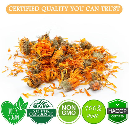 Certified Organic Dried Calendula Flowers | 4 Oz Resealable Pack Whole Organic Calendula Flowers for Skincare,Diy Remedies & Herbal Tea | Vibrant Color & Aromatic Dried Marigold Flower