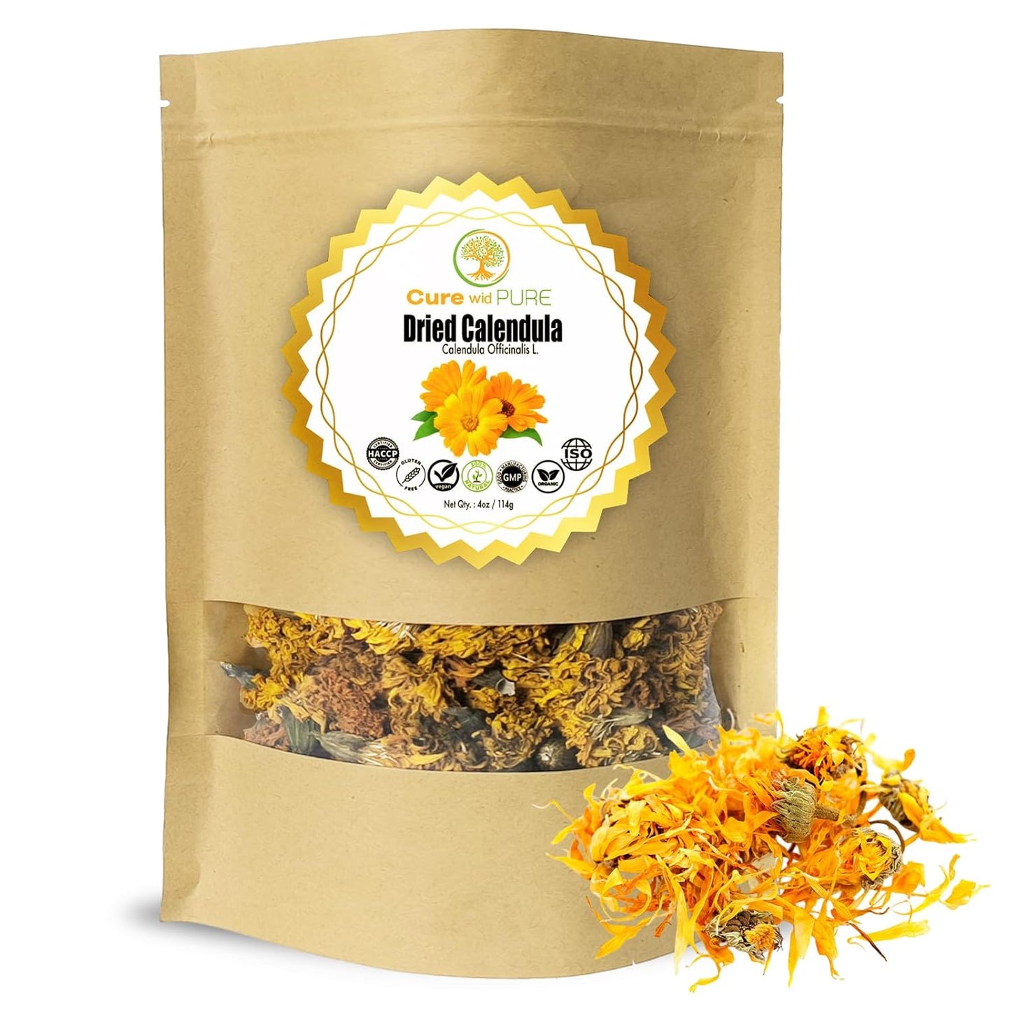 Certified Organic Dried Calendula Flowers | 4 Oz Resealable Pack Whole Organic Calendula Flowers for Skincare,Diy Remedies & Herbal Tea | Vibrant Color & Aromatic Dried Marigold Flower