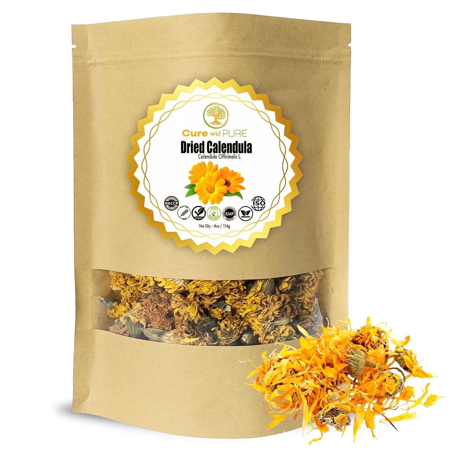 Certified Organic Dried Calendula Flowers | 4 Oz Resealable Pack Whole Organic Calendula Flowers for Skincare,Diy Remedies & Herbal Tea | Vibrant Color & Aromatic Dried Marigold Flower