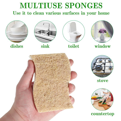 12 Pack Natural Kitchen Sponge, Biodegradable Compostable Cellulose and Coconut Scrubber Sponge, Eco-Friendly Scrub Sponges for Dishes, Bathtubs(Brown-White)