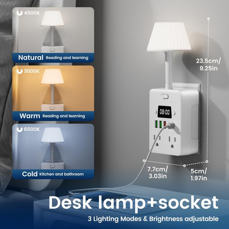 11-In-1 Multifunctional Power Strip with Desk Lamp & Digital Clock, Travel-Friendly Wall Outlet Extender with 4 AC Outlets, 3 USB & 2 USB-C Ports, One-Touch Switch, Overload Protection – Bedside Power Socket for Home, Dorm, Office