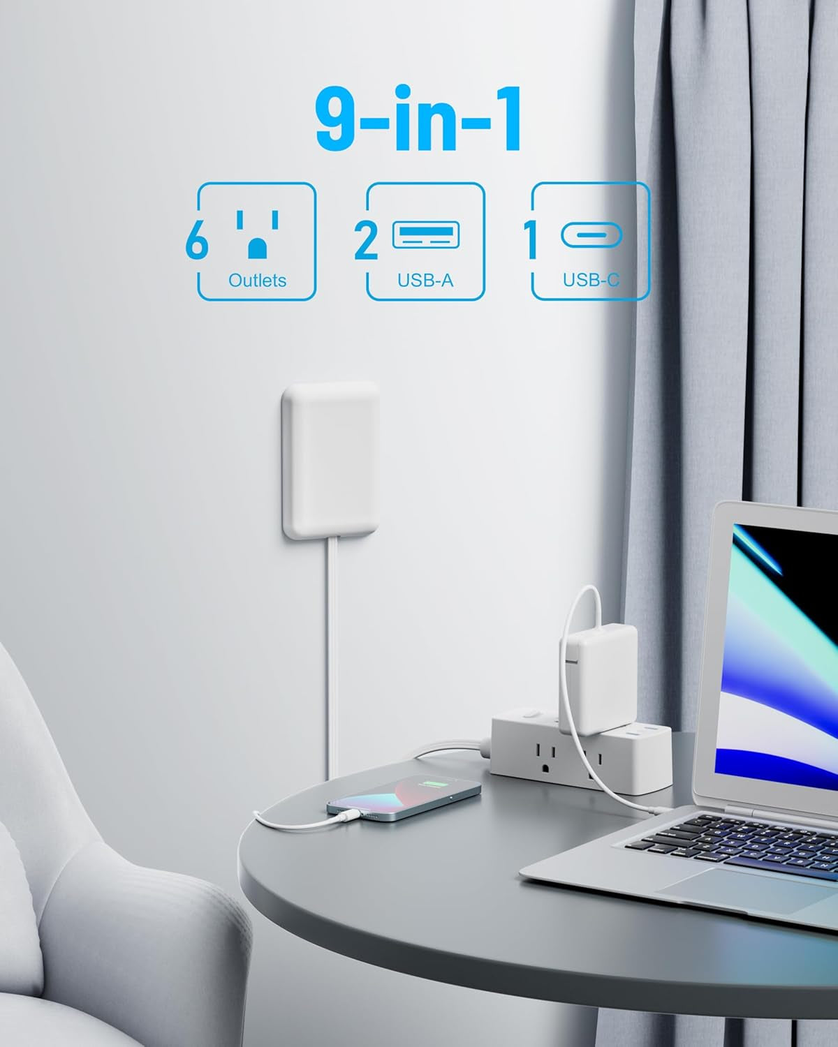 Flat Extension Cord with Outlet Cover, Flat Plug Power Strip with 6 Outlets and 3 USB Ports, 2000 Joules Surge Protector, 5 FT Cord Hidden Outlet Extender for Tight Spaces, White