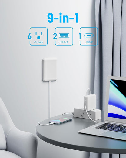 Flat Extension Cord with Outlet Cover, Flat Plug Power Strip with 6 Outlets and 3 USB Ports, 2000 Joules Surge Protector, 5 FT Cord Hidden Outlet Extender for Tight Spaces, White