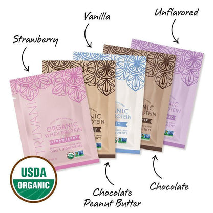 Truvani Organic Whey Protein Sample Pack - 5 Flavors - 20G Protein - No Stevia - 2G Sugar - USDA Organic