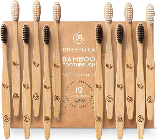 Bamboo Toothbrushes for Adults – 12 Pack Wooden Toothbrush Set with Charcoal-Infused Soft Bristles, Natural Oral Care for Daily Use