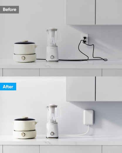 Flat Extension Cord with Outlet Cover, Flat Plug Power Strip with 6 Outlets and 3 USB Ports, 2000 Joules Surge Protector, 5 FT Cord Hidden Outlet Extender for Tight Spaces, White