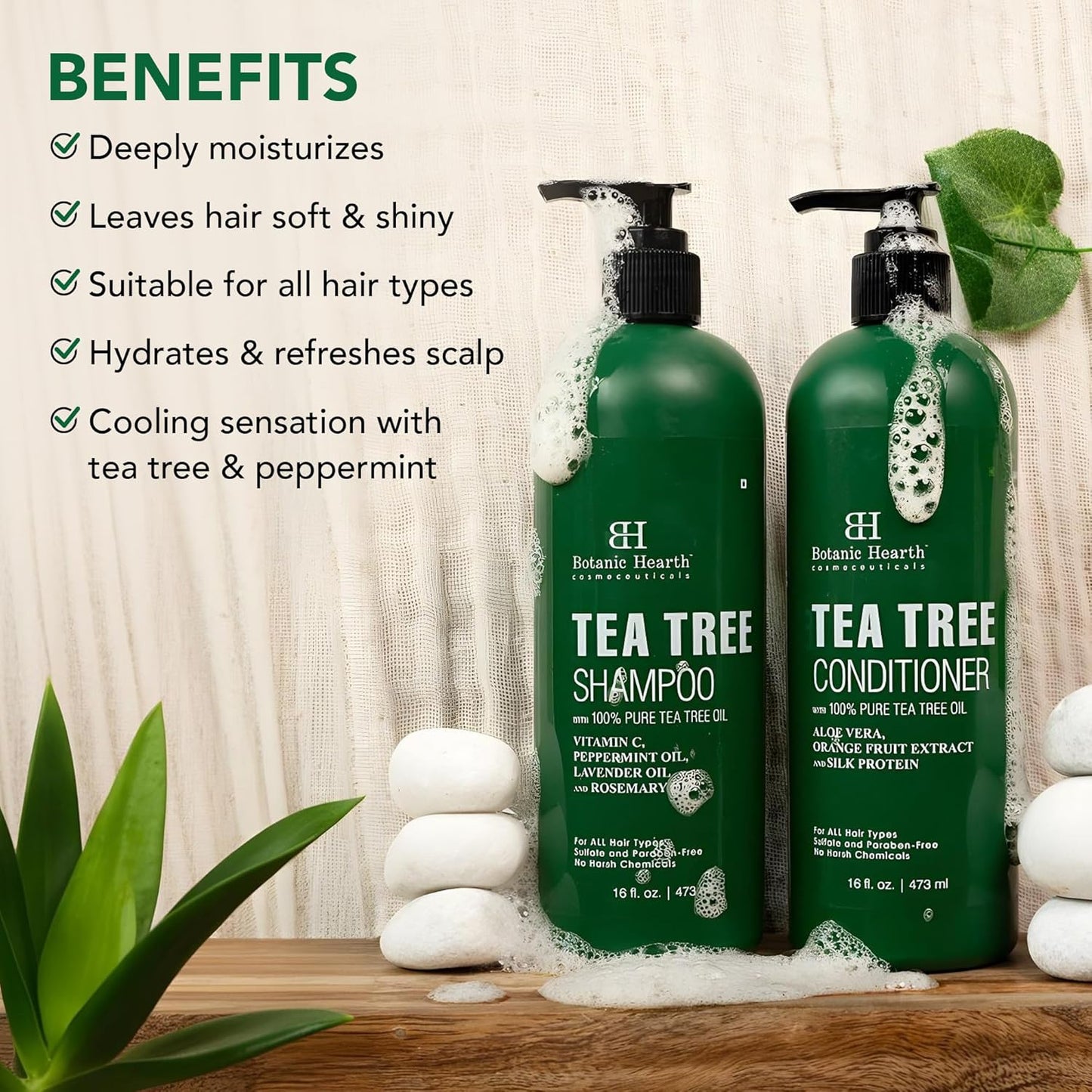 Tea Tree Shampoo and Conditioner Set | with 100% Pure Tea Tree Oil, for Itchy and Dry Scalp, Sulfate/Paraben Free | for Men and Women | 16 Fl Oz Each