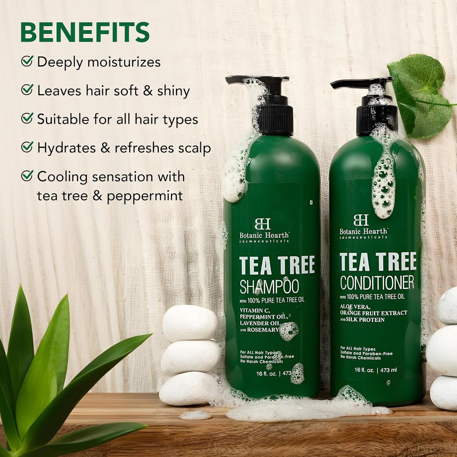Tea Tree Shampoo and Conditioner Set | with 100% Pure Tea Tree Oil, for Itchy and Dry Scalp, Sulfate/Paraben Free | for Men and Women | 16 Fl Oz Each