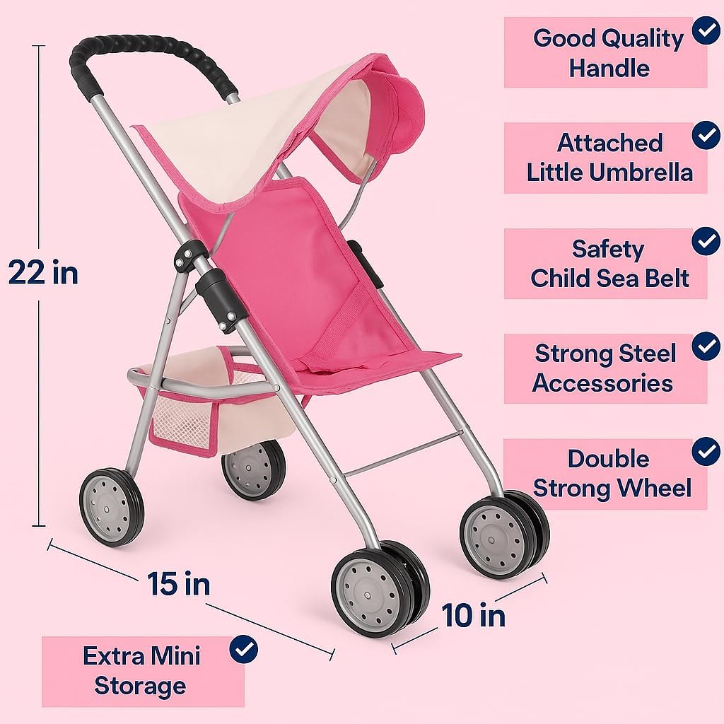 My First Doll Stroller with Basket - Pink Off-White Foldable Doll Stroller - Fits Upto 18" Dolls, 2 Free Magic Bottles Included