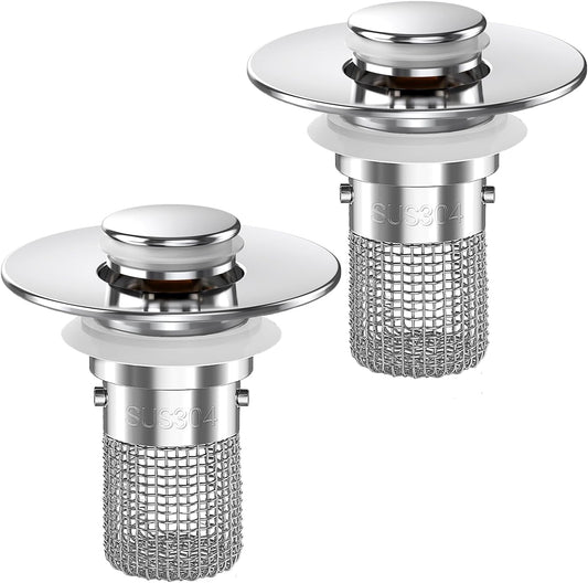 Sink Stopper Hair Catcher,(2Pcs) Pop-Up Sink Drain Strainer with Removable Stainless Steel Strainer Basket Hair Catcher, Bathroom Sink Strainer for Bathroom Sink Stopper Replacement