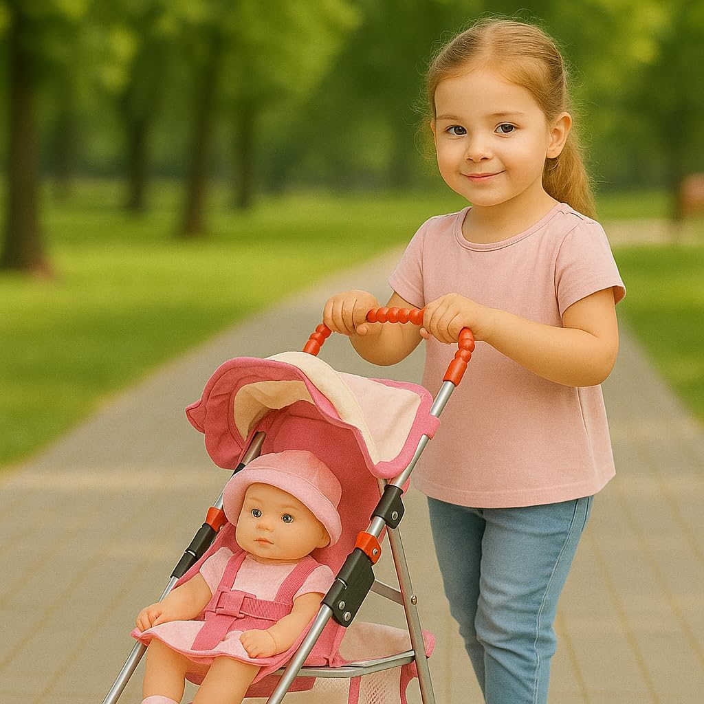 My First Doll Stroller with Basket - Pink Off-White Foldable Doll Stroller - Fits Upto 18" Dolls, 2 Free Magic Bottles Included