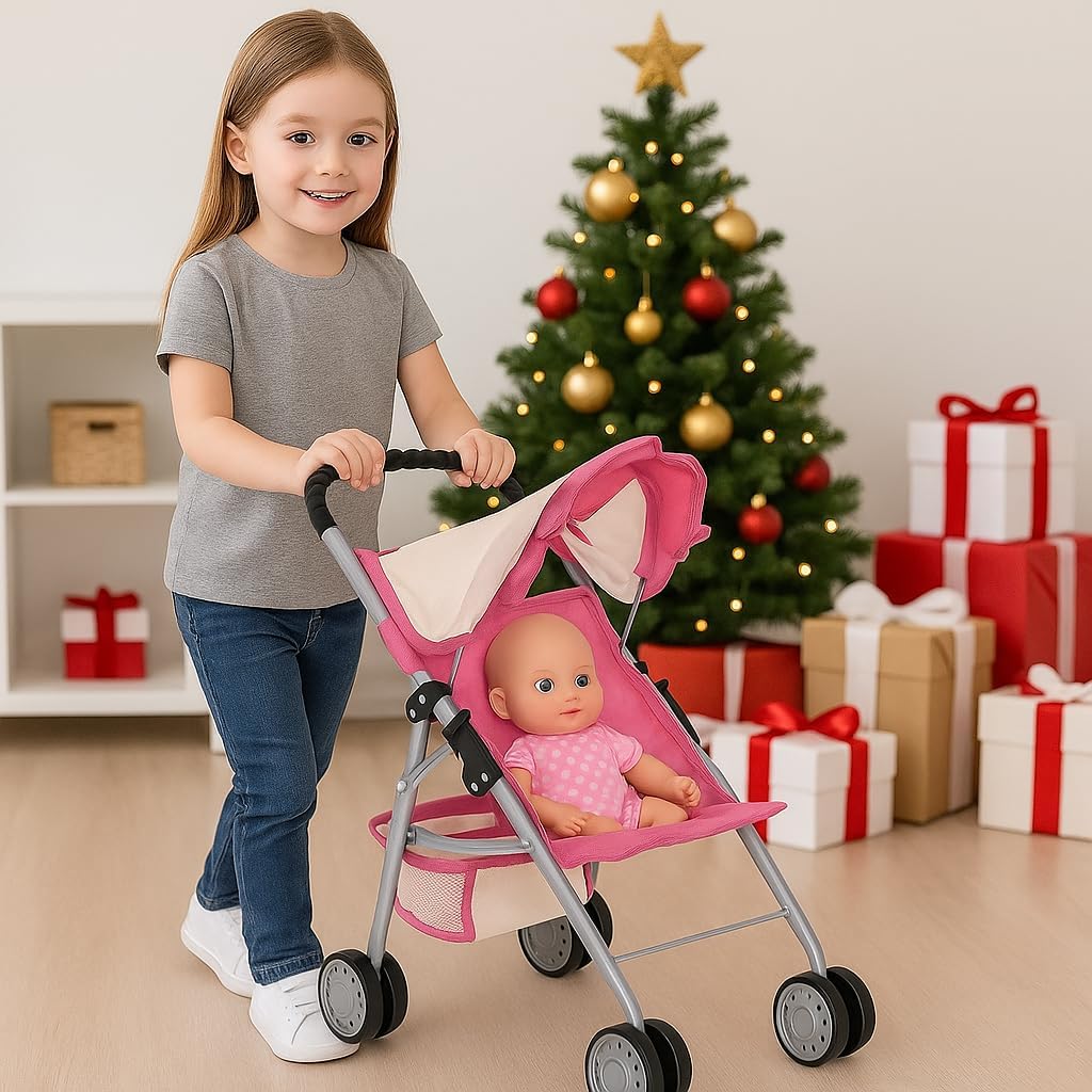 My First Doll Stroller with Basket - Pink Off-White Foldable Doll Stroller - Fits Upto 18" Dolls, 2 Free Magic Bottles Included