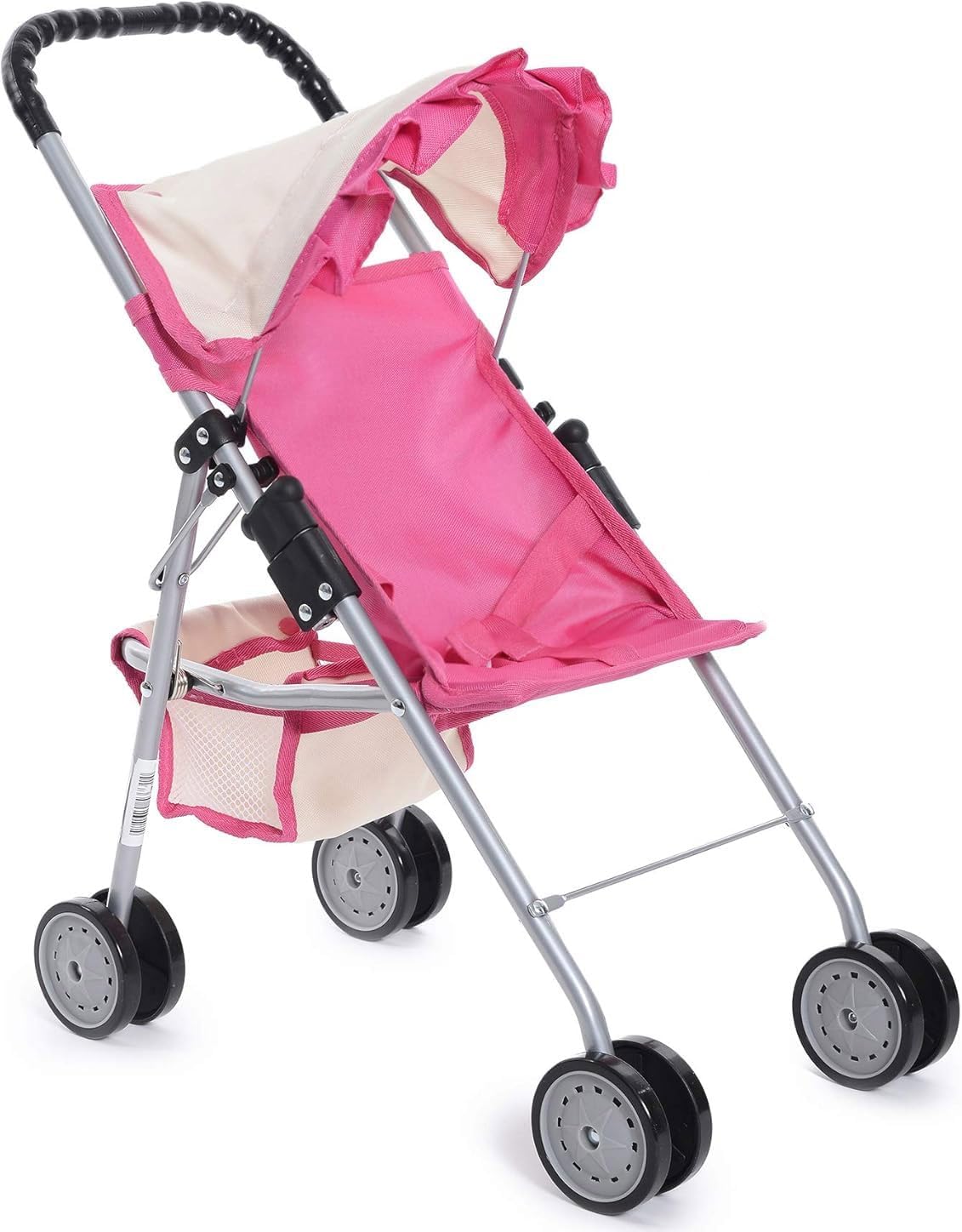 My First Doll Stroller with Basket - Pink Off-White Foldable Doll Stroller - Fits Upto 18" Dolls, 2 Free Magic Bottles Included