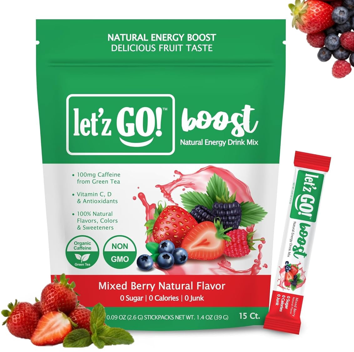 Let'Z Go Clean Energy Drink Mix – Natural Caffeine Packets, Vitamins C + D, Electrolytes, Sugar-Free, Zero Calories | Anytime Energy | 15 Count (Mixed Berry)