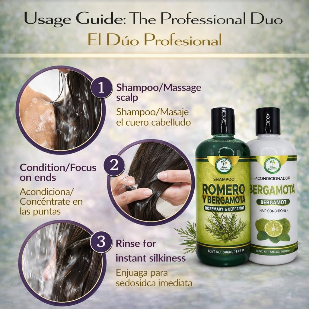 Romero & Bergamota (Rosemary & Bergamot)Shampoo and Conditioner Set–16.9 Fl Oz Each (500Ml) – Botanical Hair Care Duo – Hydrates, Enhances Shine & Softness – Daily Use – Sulfate-Free – by