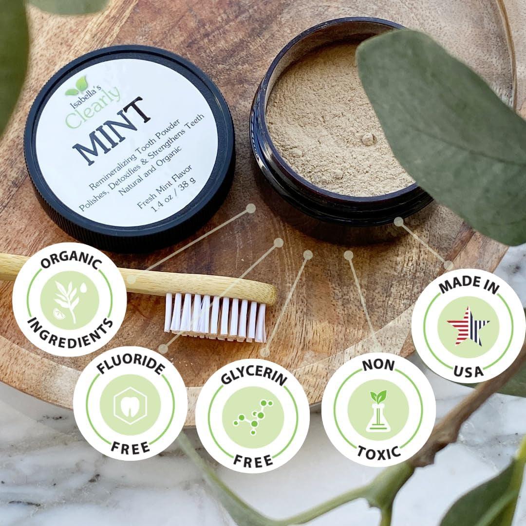 Isabella’S Clearly Mint Remineralizing Tooth Powder | Teeth Whitening Natural Fluoride Free Toothpaste for Adults, Kids, Sensitive Teeth and Gums | Xylitol, Baking Soda, Clay, Calcium (Mint Flavor)