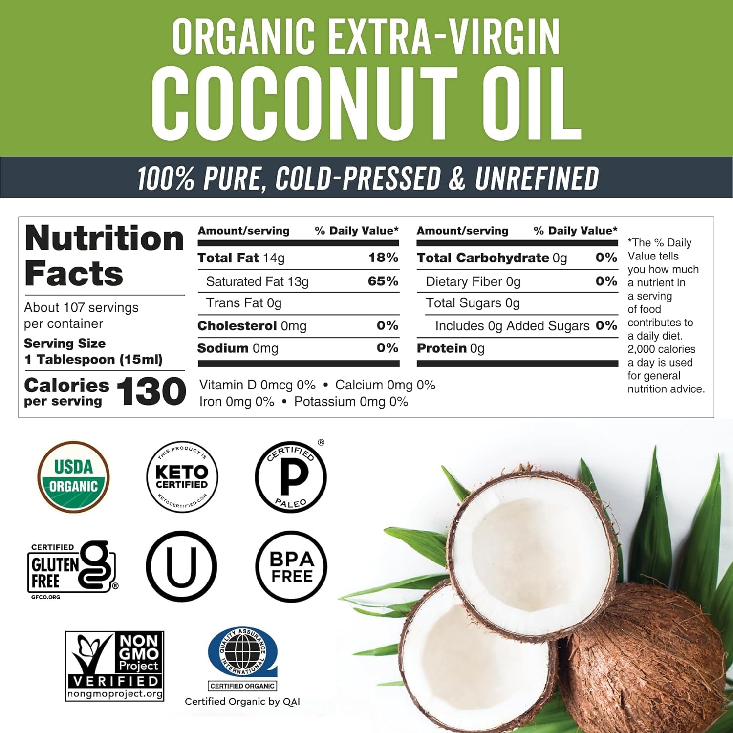 Organic Coconut Oil, 54 Fl Oz – Unrefined, Cold-Pressed Extra Virgin Coconut Oil, USDA Organic & Non-Gmo, Natural Cooking Oil, Hair Oil & Skin Oil