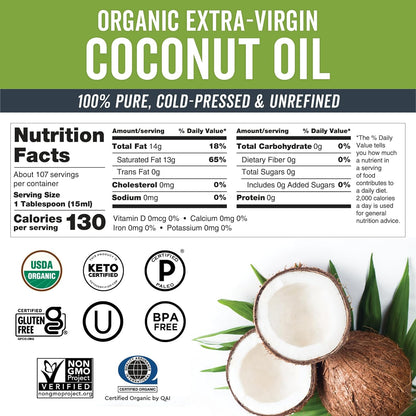 Organic Coconut Oil, 54 Fl Oz – Unrefined, Cold-Pressed Extra Virgin Coconut Oil, USDA Organic & Non-Gmo, Natural Cooking Oil, Hair Oil & Skin Oil