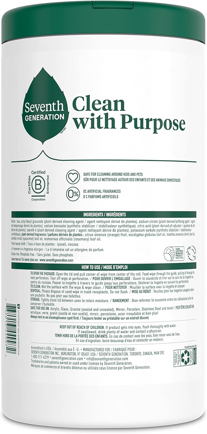 Multi Purpose Wipes All Purpose Cleaning Garden Mint Scent with 100% Essential Oils and Botanical Ingredients 70 Count, Pack of 3