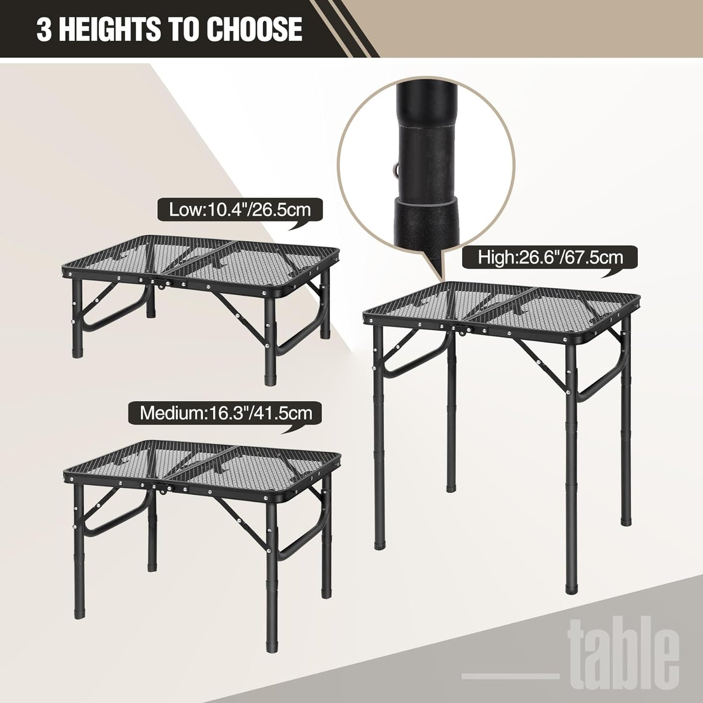 Small Folding Grill Table for Outside, 3 Heights Adjustable Lightweight Portable Metal Aluminum Outdoor Grill Table for Camping Picnic Cooking BBQ, Black 24X16 Inches