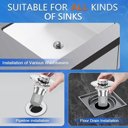 Sink Stopper Hair Catcher,(2Pcs) Pop-Up Sink Drain Strainer with Removable Stainless Steel Strainer Basket Hair Catcher, Bathroom Sink Strainer for Bathroom Sink Stopper Replacement
